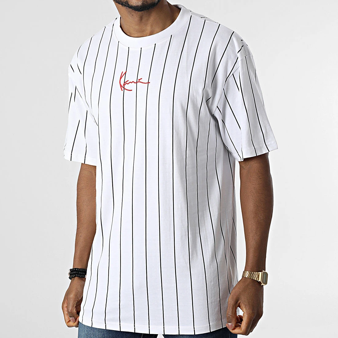 Promo 🔔 Tee 👚 Shirt Small Signature Pinstripe Blanc de Karl Kani 😍