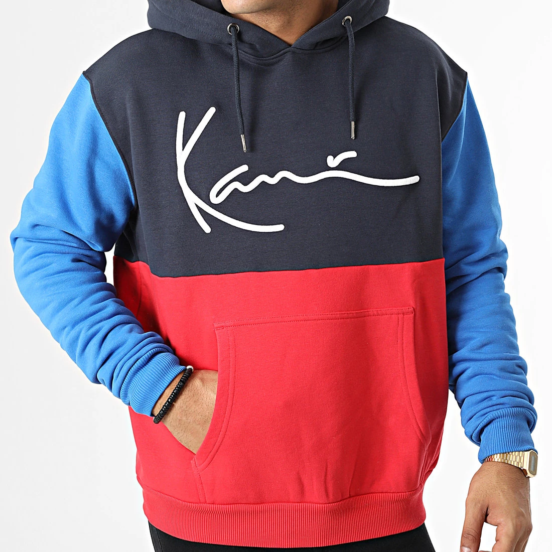 Coupon 😀 Sweat Capuche Signature Block 6028201 Bleu Rouge de Karl Kani 🛒 – Image 3