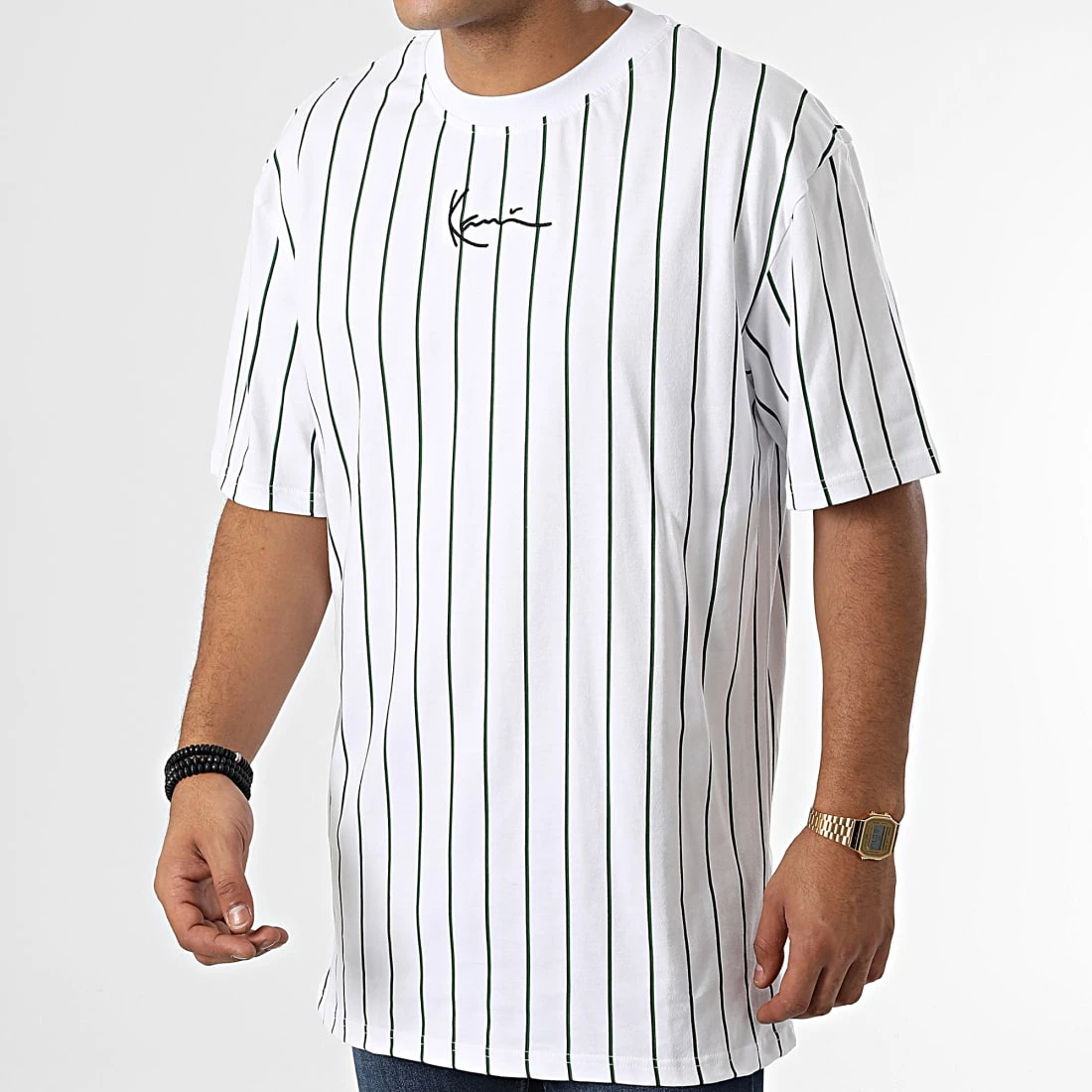 Top 10 🎉 Tee 👚 Shirt Oversize Large A Rayures Small Signature Pinstripe 6037271 Blanc de Karl Kani 🎁