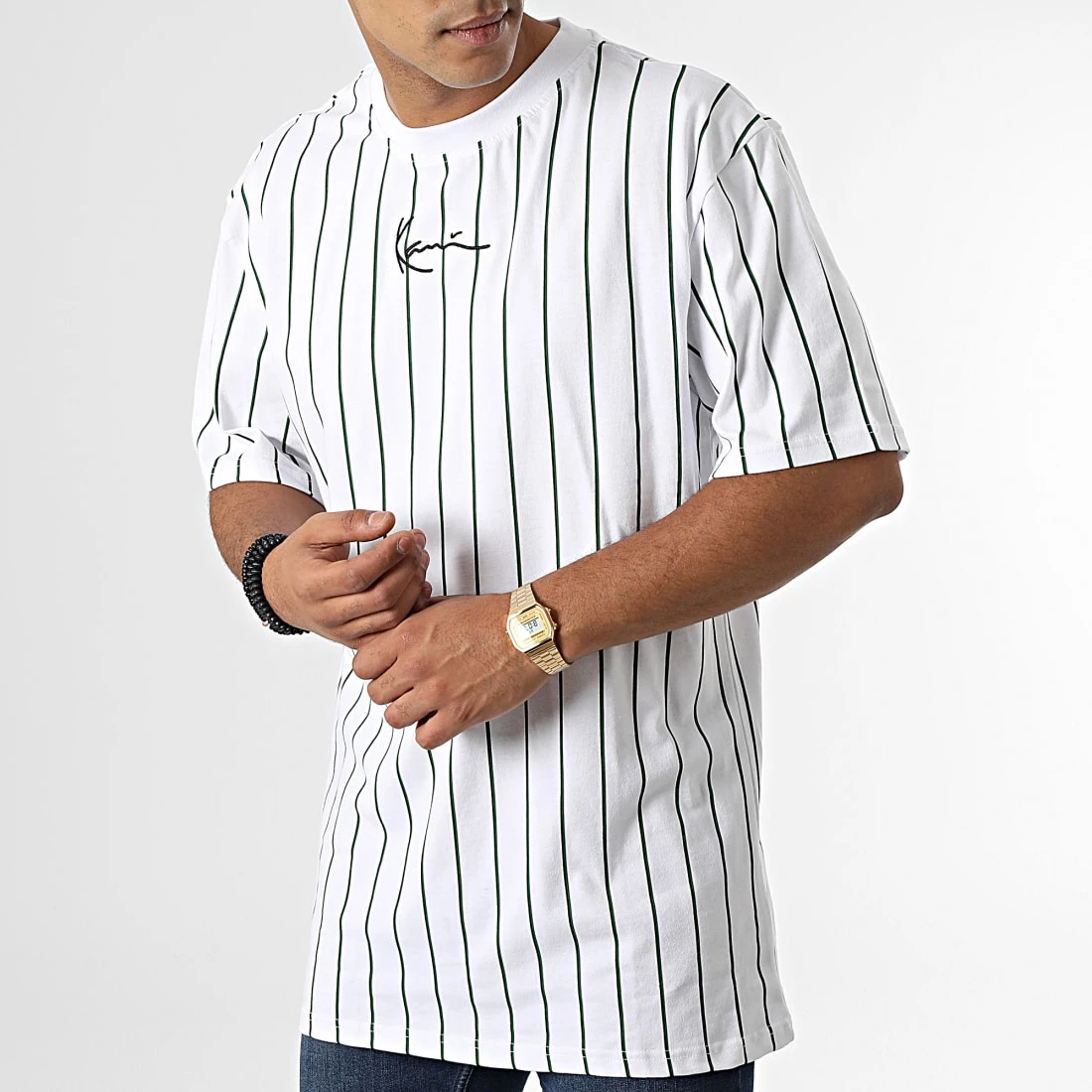 Top 10 🎉 Tee 👚 Shirt Oversize Large A Rayures Small Signature Pinstripe 6037271 Blanc de Karl Kani 🎁 – Image 3