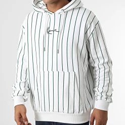 Coupon ⭐ Sweat Capuche A Rayures Small Signature 6028199 Blanc Vert de Karl Kani 💯
