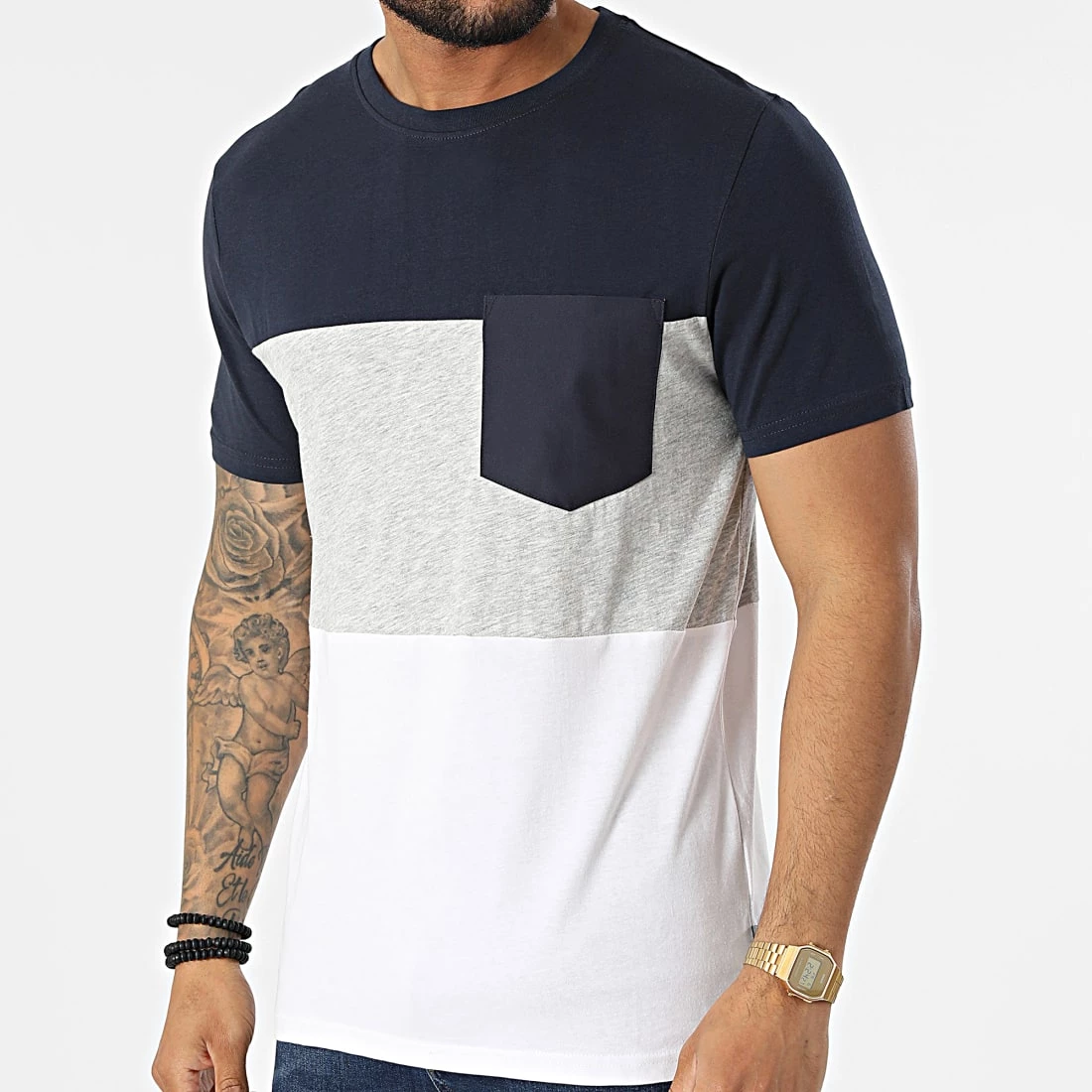 Sortie 🔥 Tee 👚 Shirt Poche 21106851 Bleu Marine Blanc Gris Chiné de Solid 😉