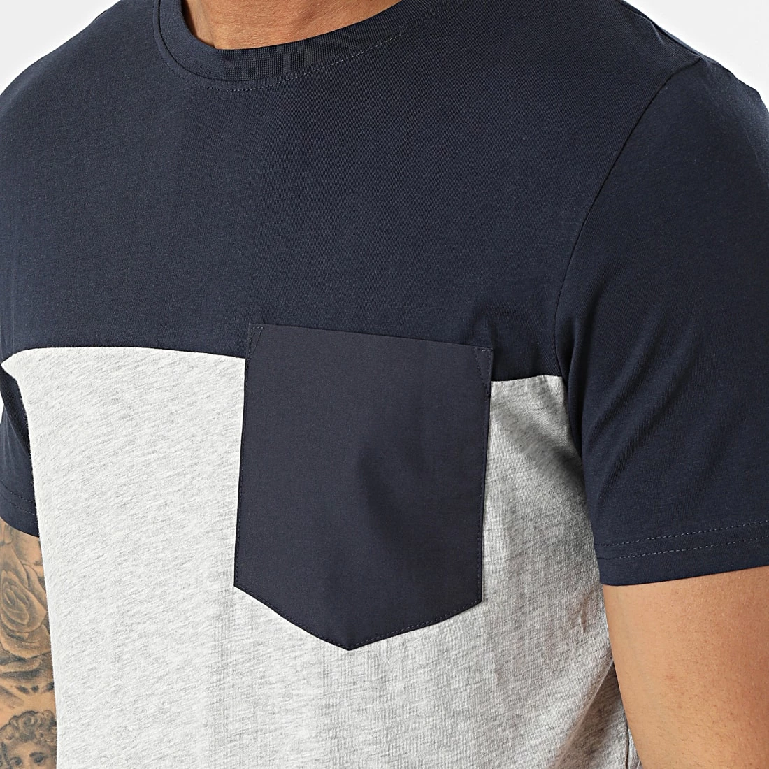 Sortie 🔥 Tee 👚 Shirt Poche 21106851 Bleu Marine Blanc Gris Chiné de Solid 😉 – Image 2