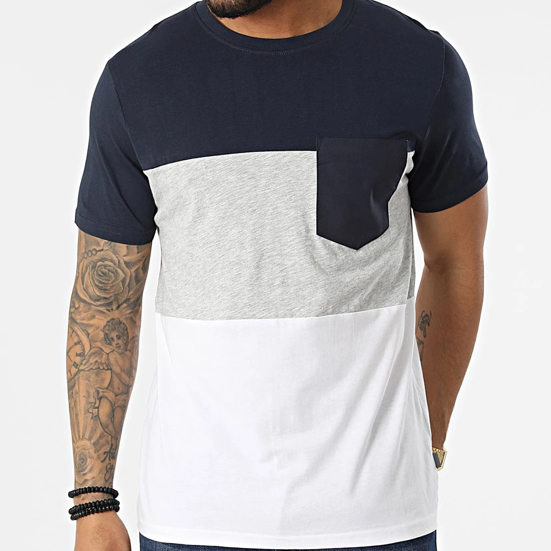 Sortie 🔥 Tee 👚 Shirt Poche 21106851 Bleu Marine Blanc Gris Chiné de Solid 😉 – Image 3