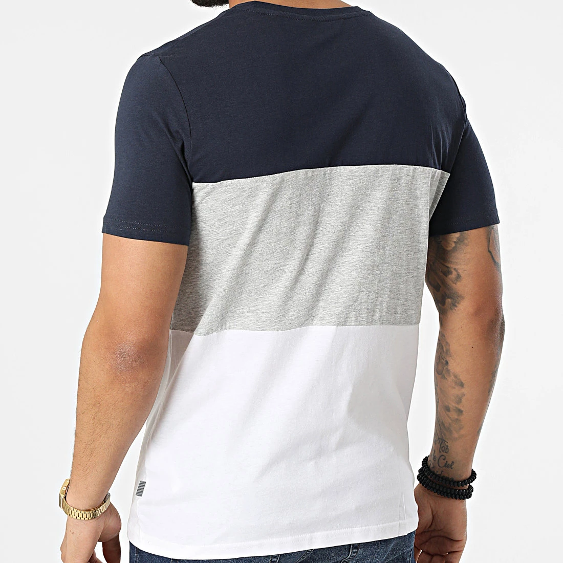 Sortie 🔥 Tee 👚 Shirt Poche 21106851 Bleu Marine Blanc Gris Chiné de Solid 😉 – Image 4