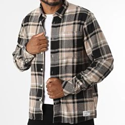 Meilleure vente 🧨 Chemise Manches Longues A Carreaux Craig Beige Noir de Solid ❤️